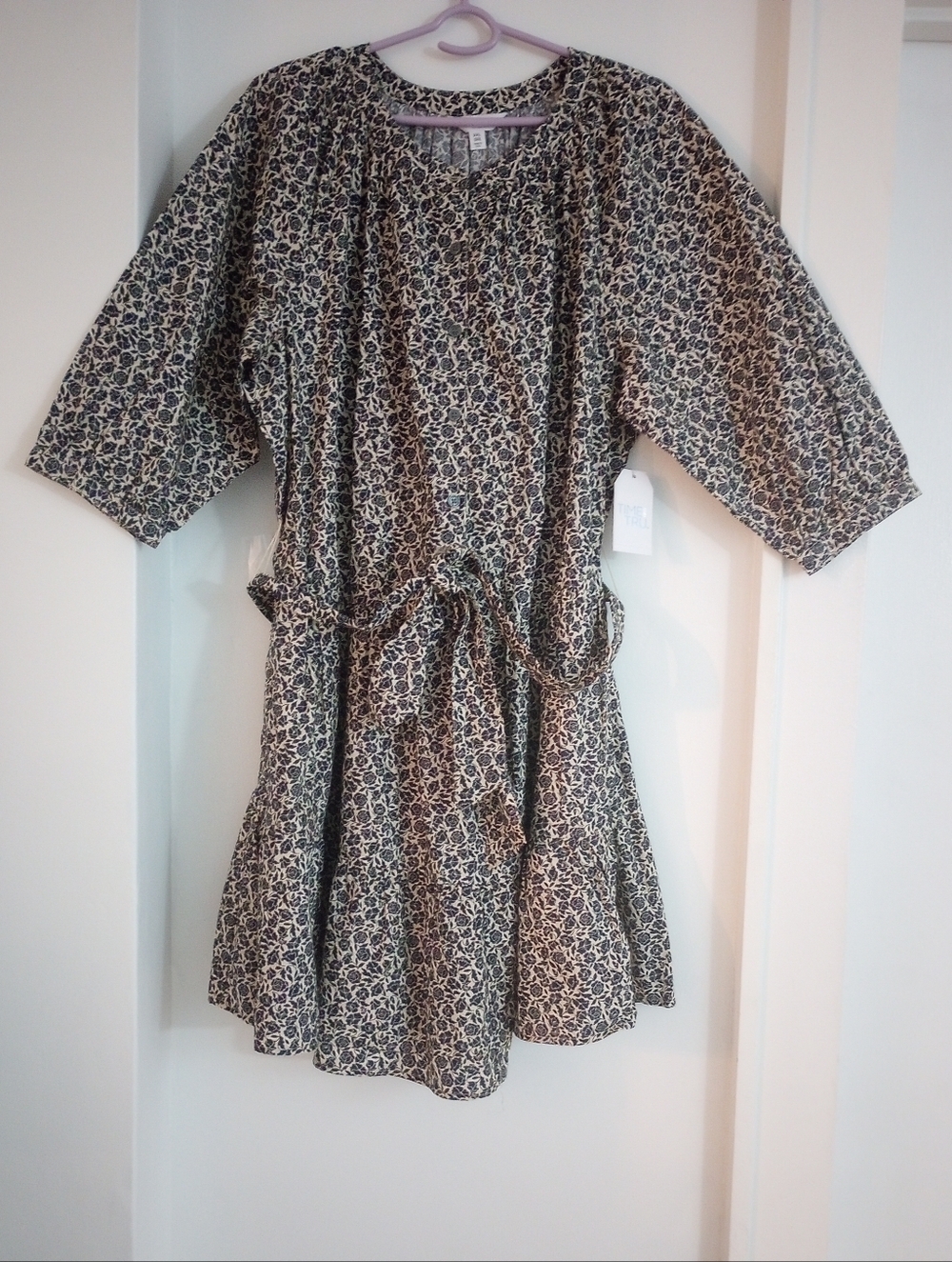 Navy Blue and Cream 100% Cotton Floral Tie-Waist Belted Dress With Pockets XXL